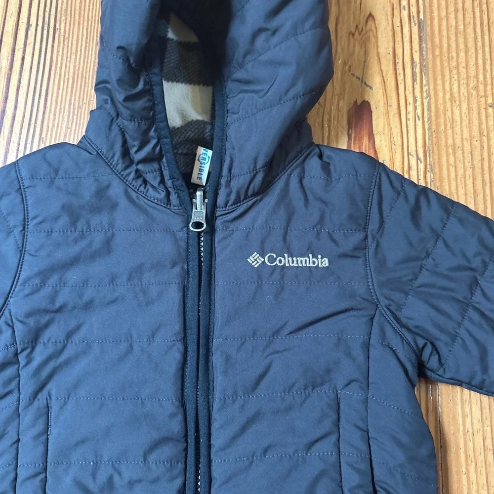 Columbia Puffer Jacket Kids Black Reversible Plaid Hooded Full Zip SIZE 6-12m